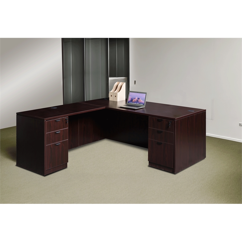 Boss Office L-Shape Desk with Pedestal in Mahogany