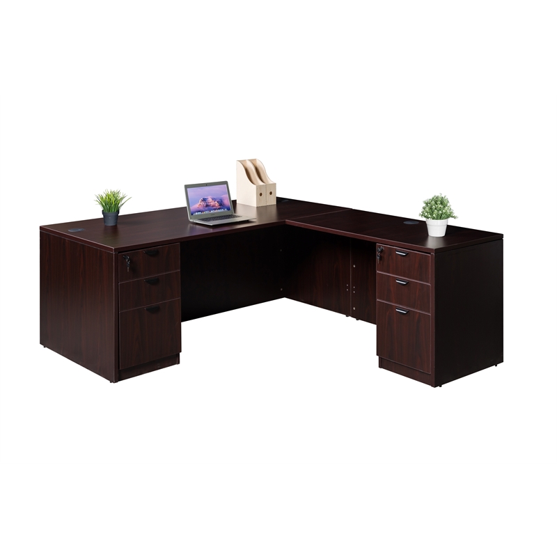 Boss Office L-Shape Desk with Pedestal in Mahogany