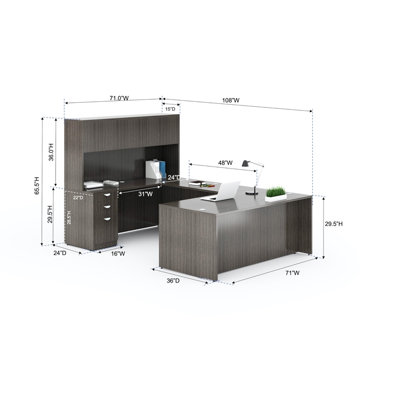 Boss Office U-Shape Desk Credenza with Pedestal and Hutch in Driftwood