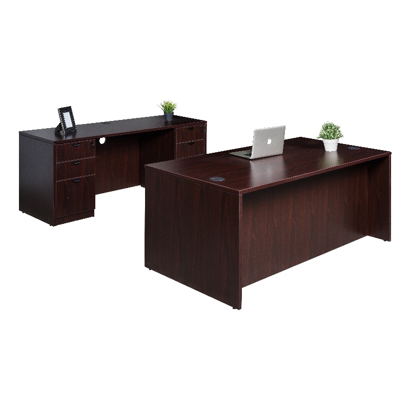 Boss Office Desk and Credenza with 2 Pedestals in Mahogany