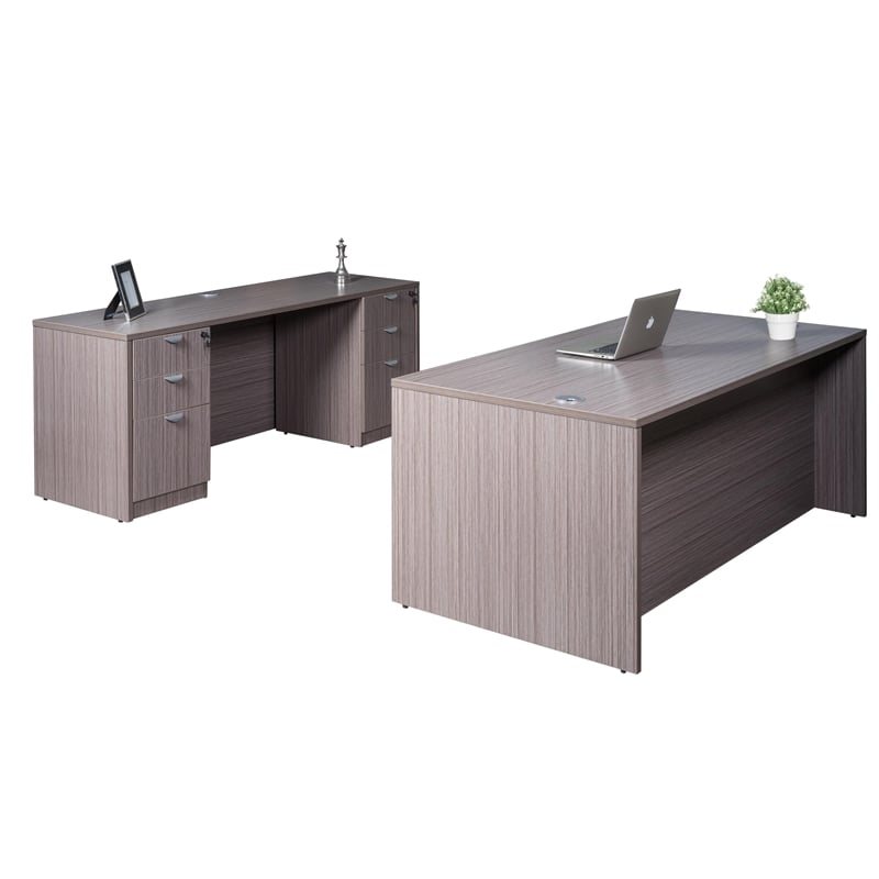 Boss Office Desk and Credenza with 2 Pedestals in Driftwood