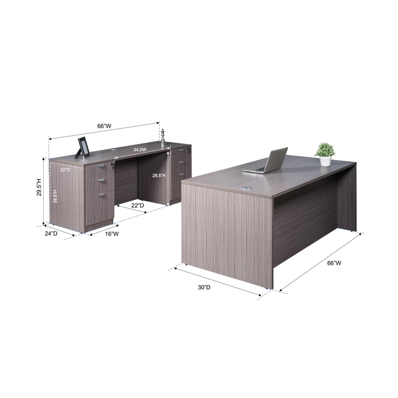 Boss Office Desk and Credenza with 2 Pedestals in Driftwood