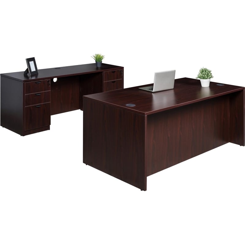 Boss Office Desk and Credenza with 2 Pedestals in Mahogany