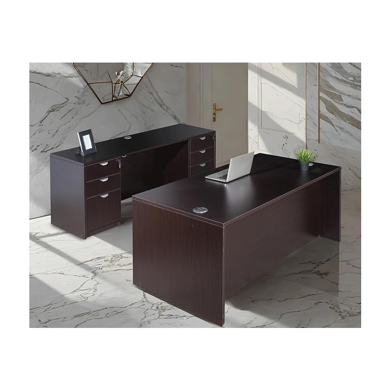 Boss Office Desk and Credenza with 2 Pedestals in Mocha