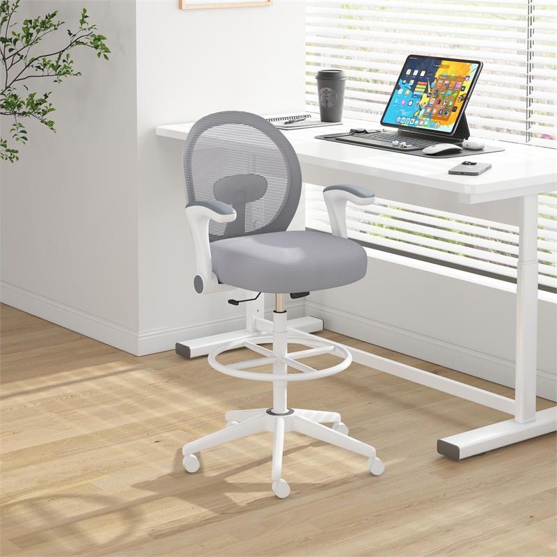 Boss Office Mesh Stool with Flip Arms in Gray and White