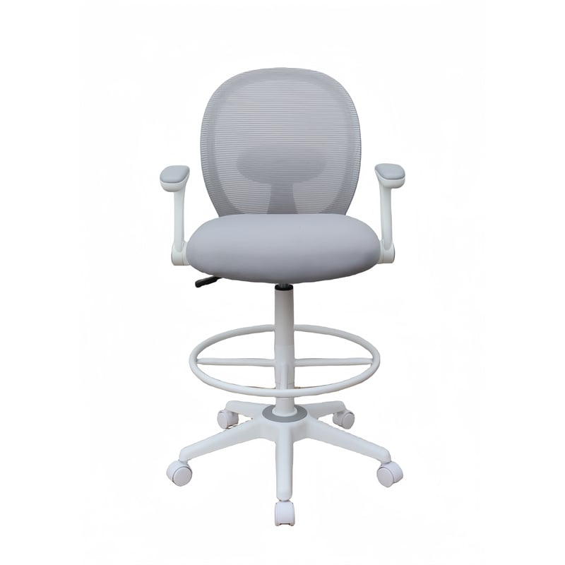 Boss Office Mesh Stool with Flip Arms in Gray and White