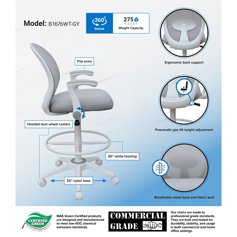 Boss Office Mesh Stool with Flip Arms in Gray and White