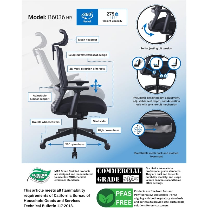 Boss Office Products Mesh Back Task Vinyl Chair with Headrest in Black
