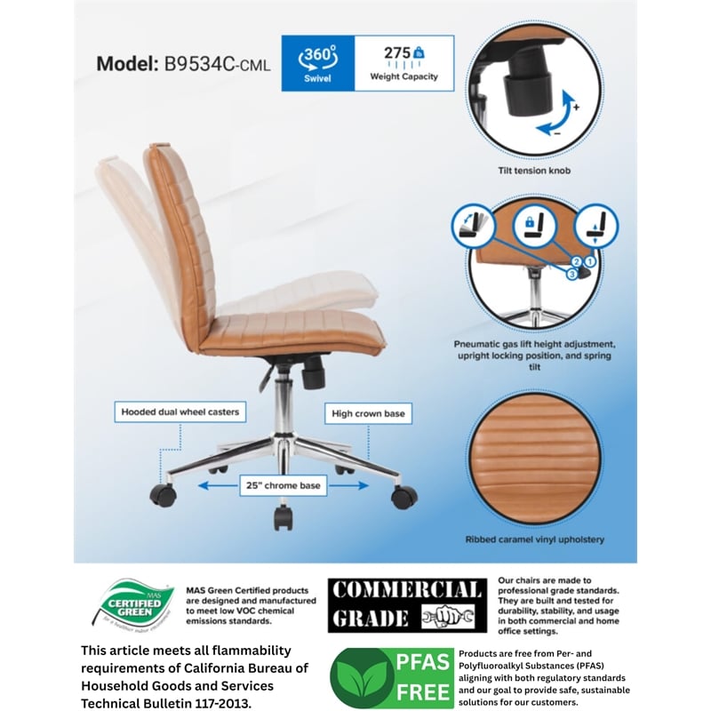 Boss Office Products Ribbed Vinyl Armless Hospitality Task Chair in Caramel