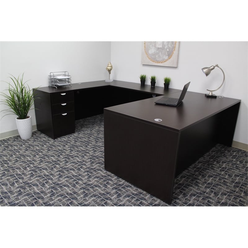 Boss Office Products 66 Inch Executive U-Shape Desk with File Pedestal in Mocha