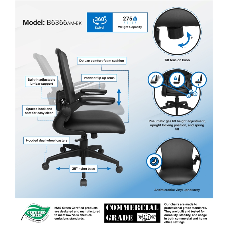 Boss Office Products Mesh Back Flip Arm Task Vinyl Chair with Casters in Black