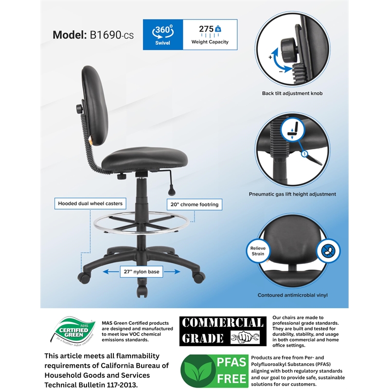 Boss Office Products Vinyl Stand Up Drafting Stool with Foot Rest in Black