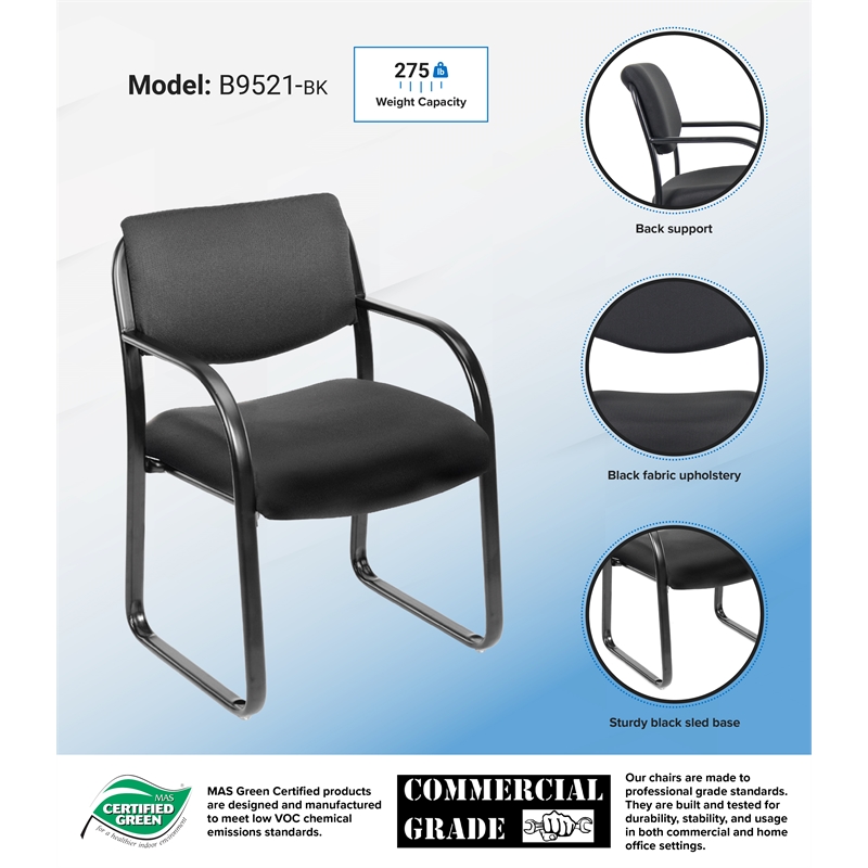 Boss Office Products Fabric Sled Base Guest Chair with Arms in Black