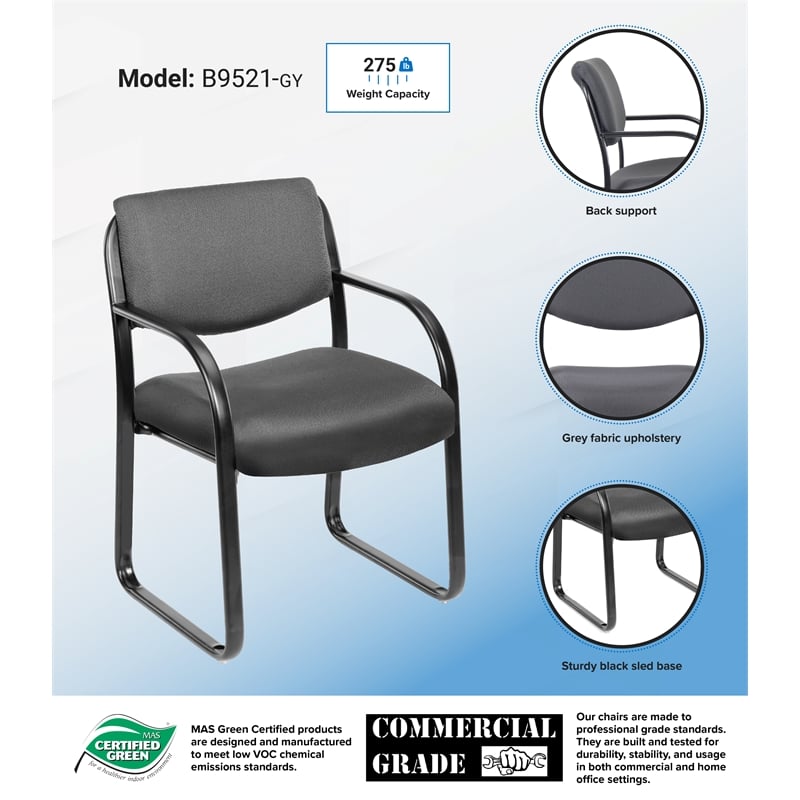 Boss Office Products Fabric Sled Base Guest Chair with Arms in Gray