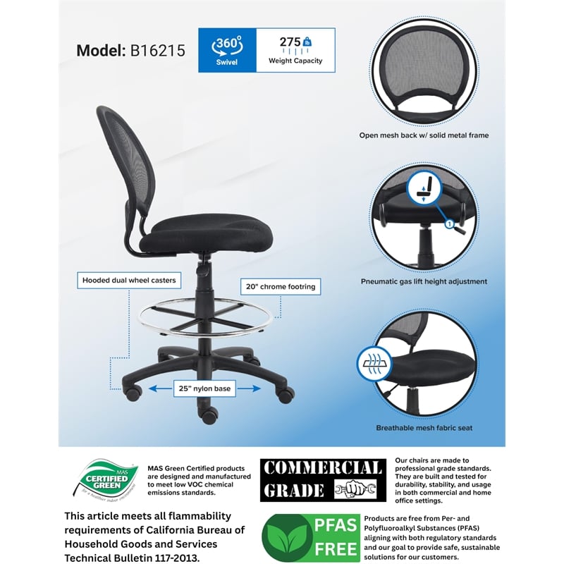 Boss Office Products Mesh Back Fabric Drafting Chair with Foot Ring in Black