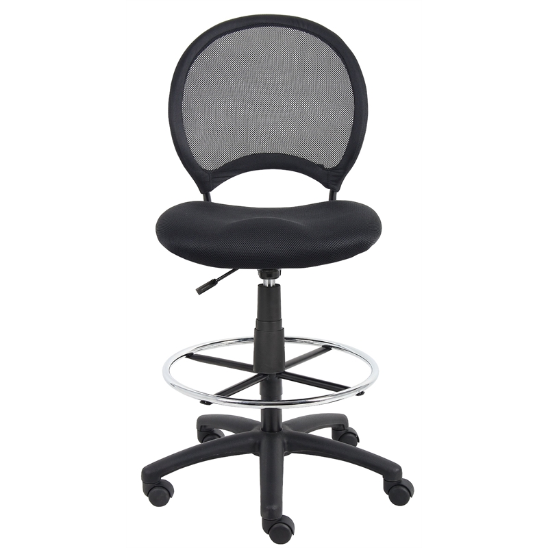 Boss Office Products Mesh Back Fabric Drafting Chair with Foot Ring in Black