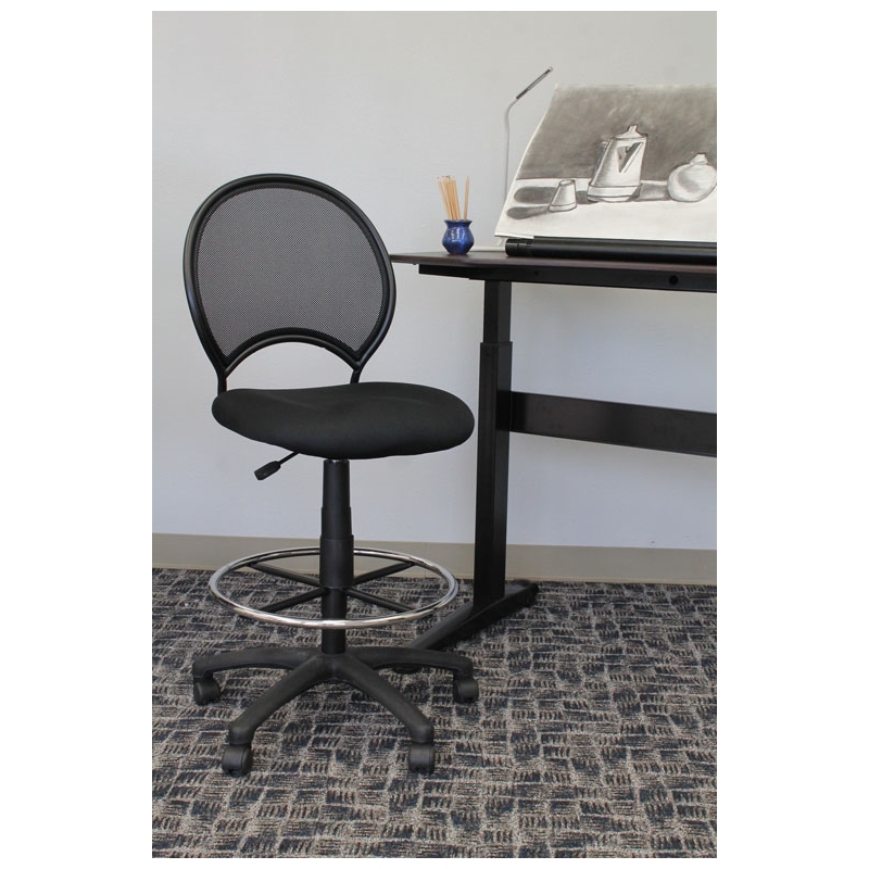 Boss Office Products Mesh Back Fabric Drafting Chair with Foot Ring in Black