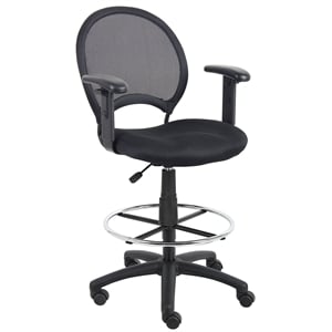 Boss Office Mesh Back Fabric Drafting Chair with Adjustable Arms in Black