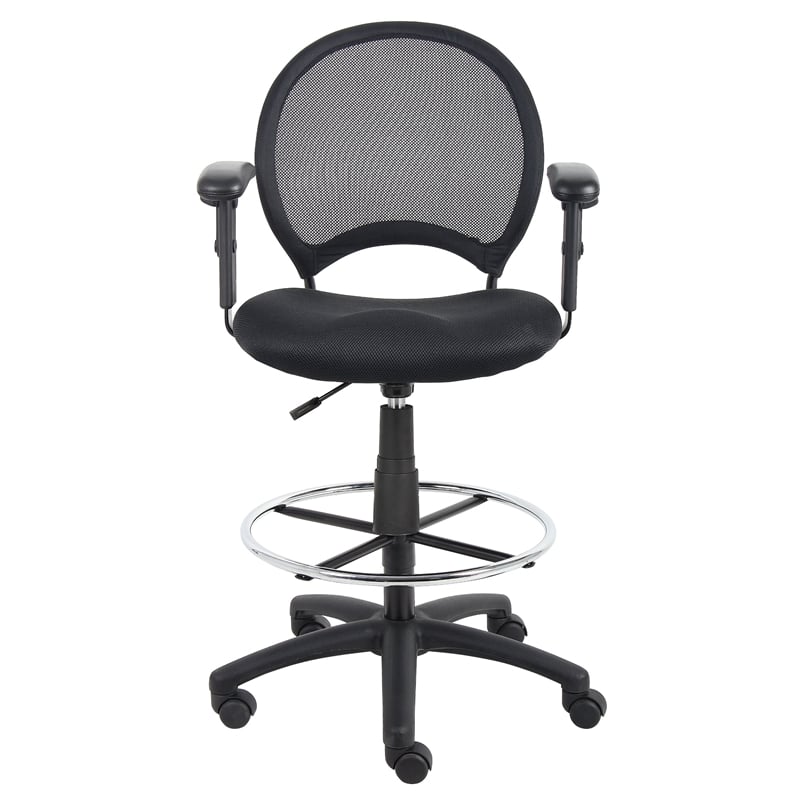 Boss Office Mesh Back Fabric Drafting Chair with Adjustable Arms in Black