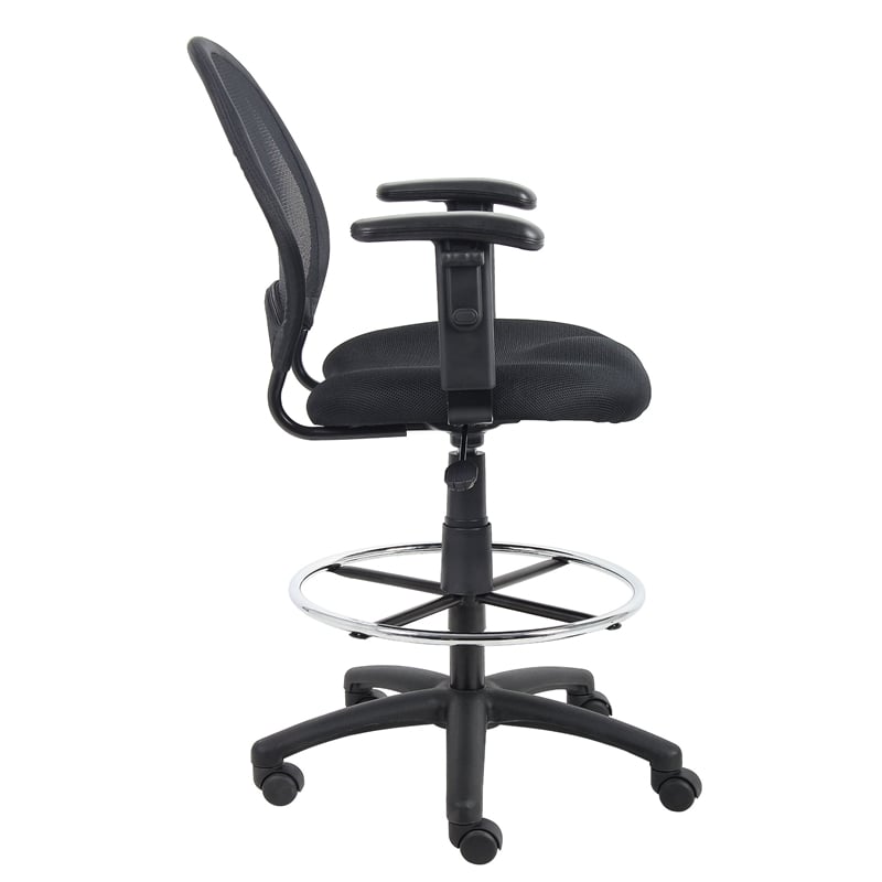 Boss Office Mesh Back Fabric Drafting Chair with Adjustable Arms in Black