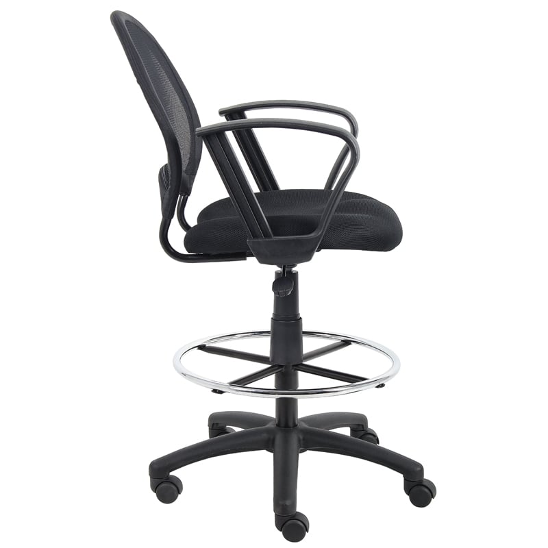 Boss Office Products Mesh Back Fabric Drafting Chair with Loop Arms in Black