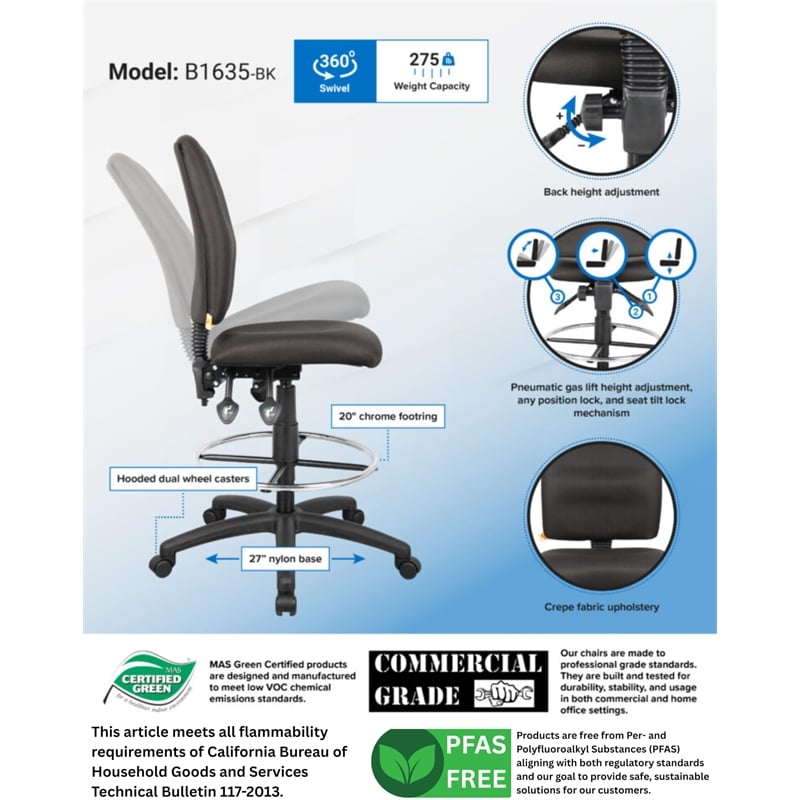 Boss Office Products Multi Function Fabric Drafting Stool in Black