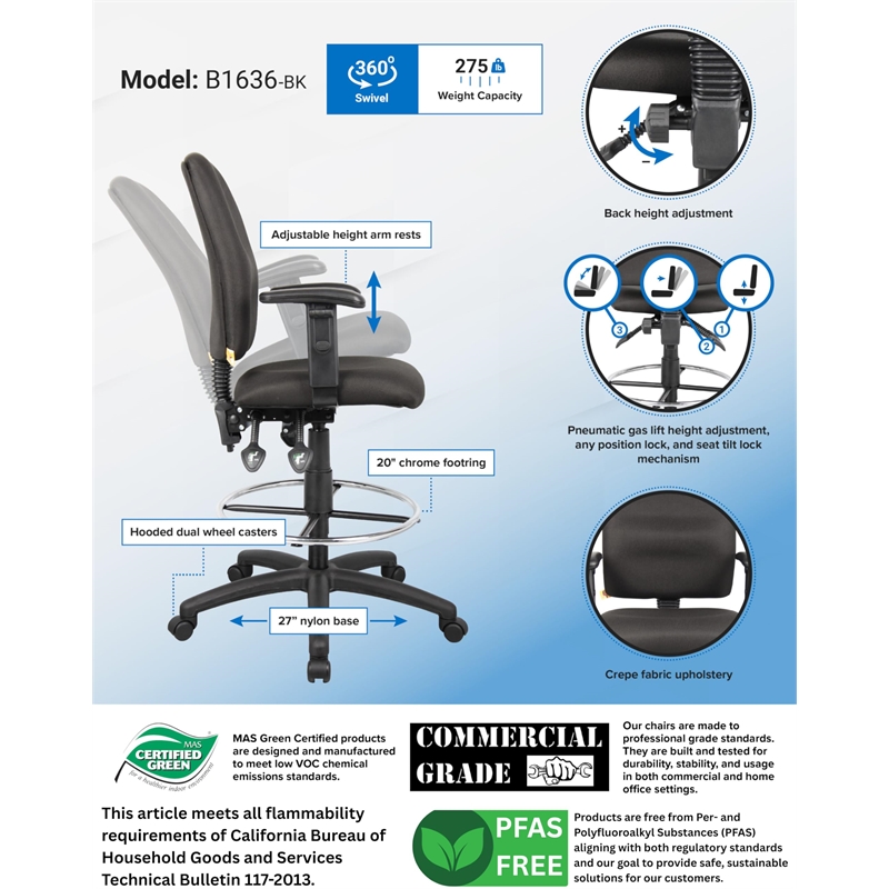 Boss Office Products Fabric Drafting Stool with Adjustable Arms in Black