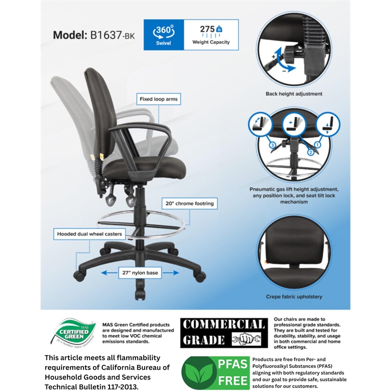 Boss Office Products Fabric Drafting Stool with Loop Arms in Black