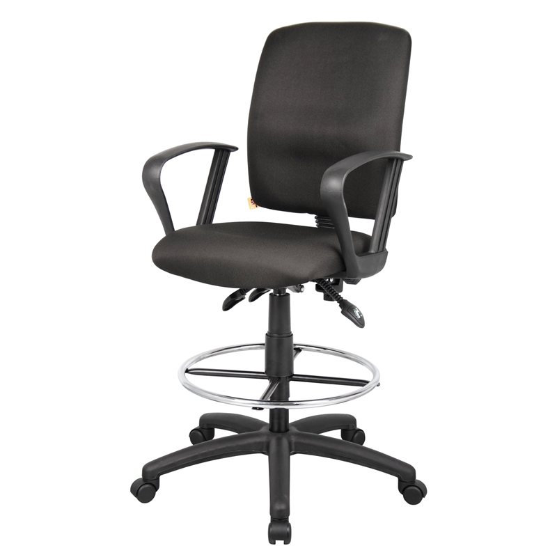 Boss Office Products Fabric Drafting Stool with Loop Arms in Black