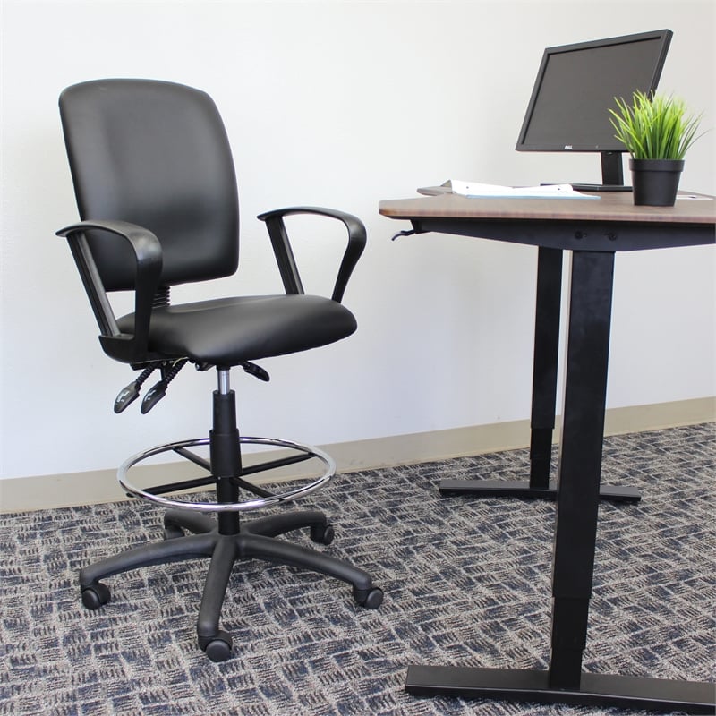 Boss Office Products LeatherPlus Drafting Stool with Loop Arms in Black