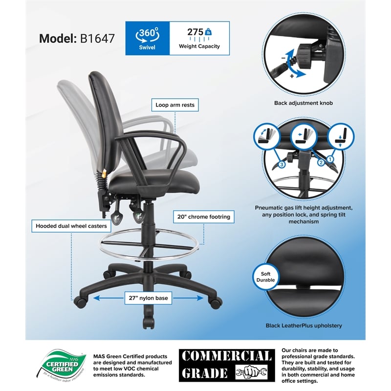 Boss Office Products LeatherPlus Drafting Stool with Loop Arms in Black