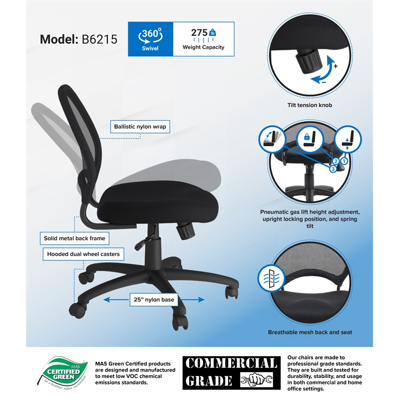 Boss Office Products Mesh Back Fabric Task Office Chair in Black