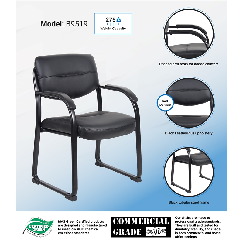 Boss Office Products Leather Sled Base Side Chair with Arms