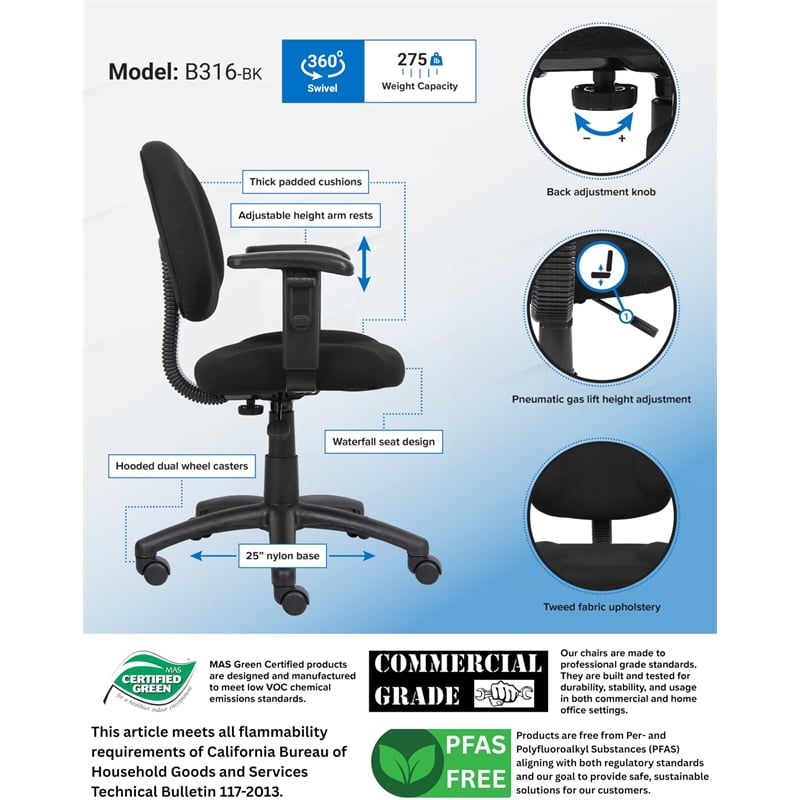 Boss Office Products DX Posture Office Chair with Adjustable Arms in Black