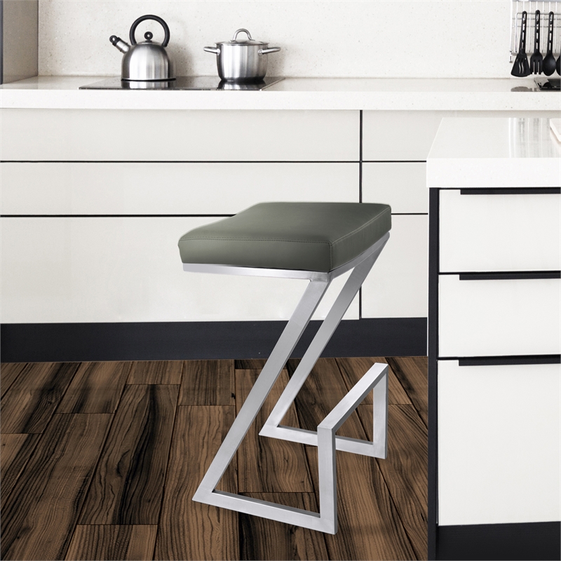 Armen Living Atlantis Contemporary Faux Leather Counter Stool in Gray