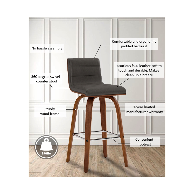 Armen Living Vienna Modern Faux Leather Counter Stool in Gray