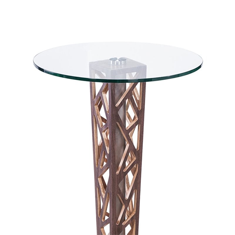 Armen Living Crystal Modern Round Glass Top Bar Table in Walnut