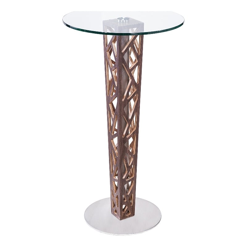 Armen Living Crystal Modern Round Glass Top Bar Table in Walnut