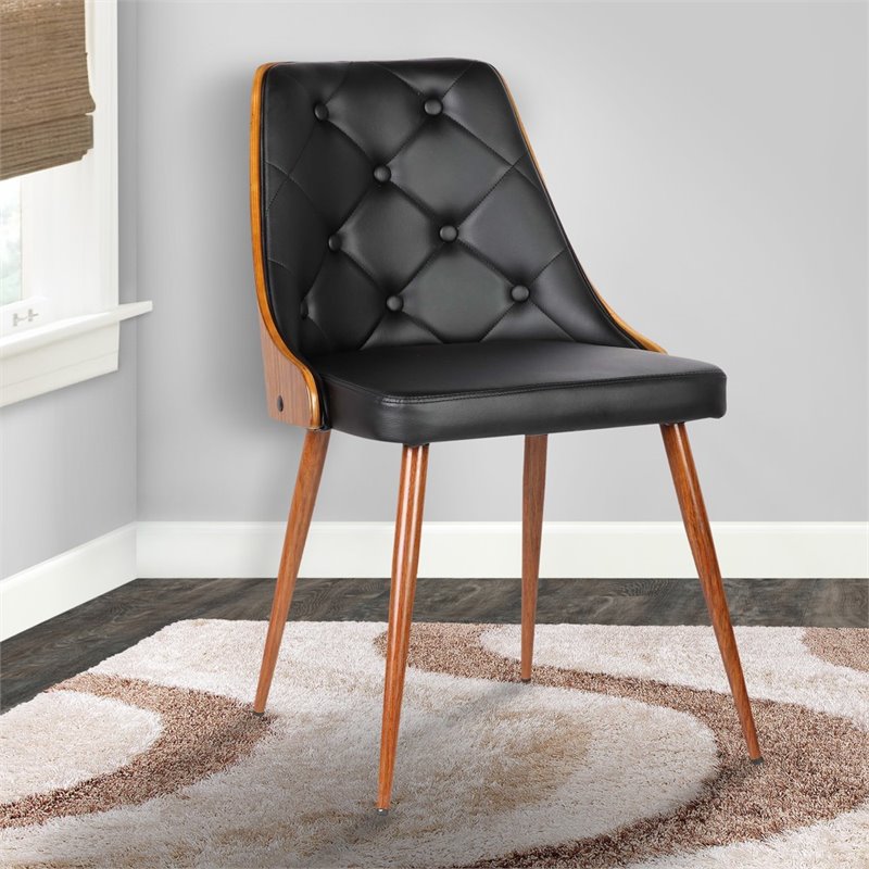 Armen Living Lily Modern Leather Dining Chair in Walnut Wood and Black