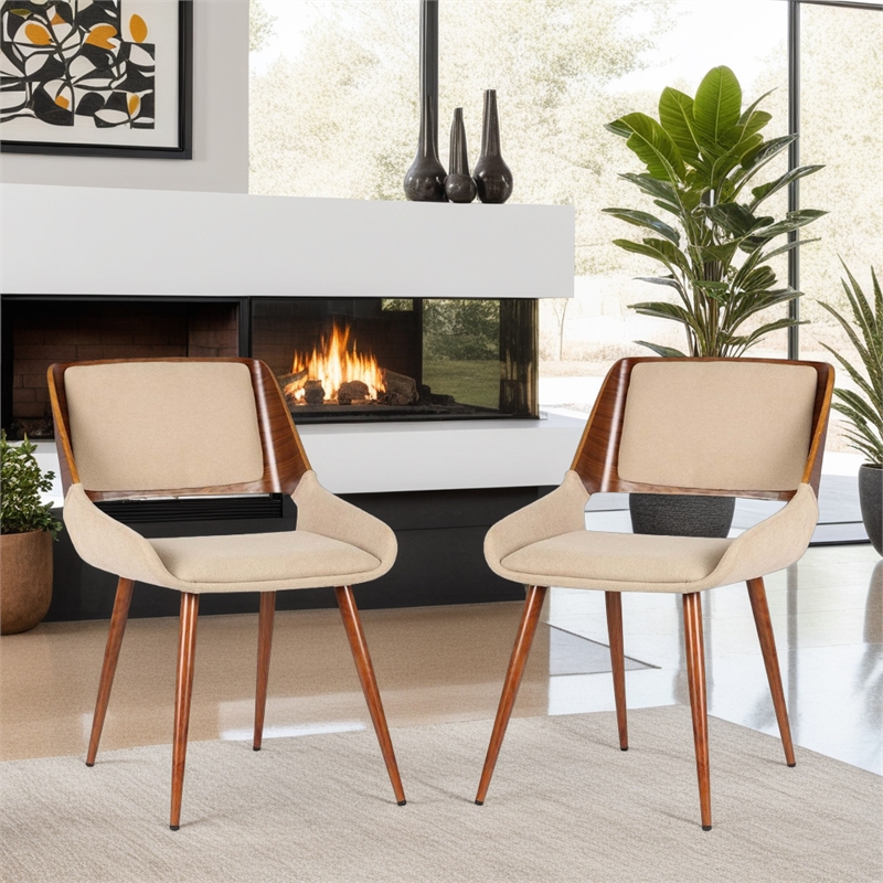 Armen Living Panda Modern Fabric Dining Chair in Walnut Wood and Brown