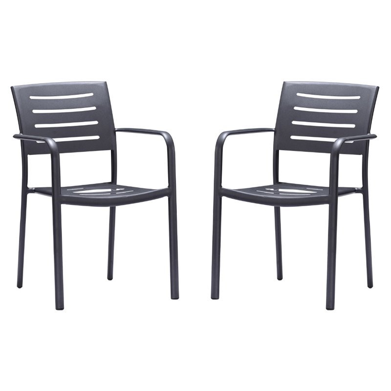 Armen Living Zander Aluminum Stackable Patio Dining Chair in Gray (Set of 2)