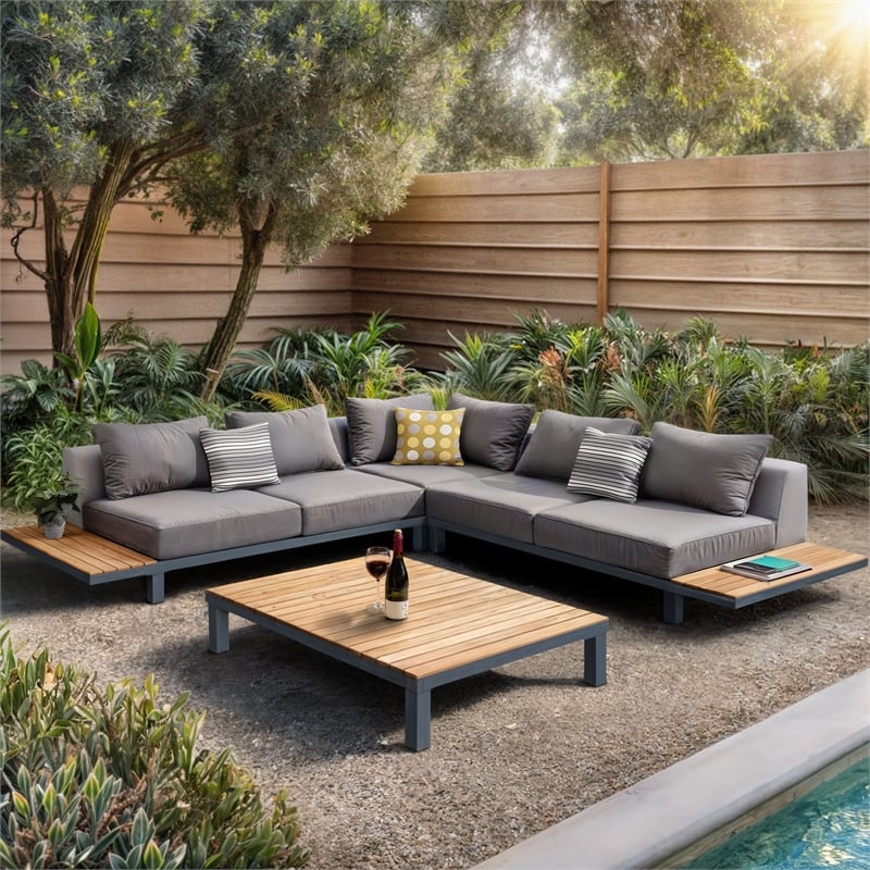 Armen Living Polo 4-Piece Modern Aluminum Patio Sectional Set in Gray