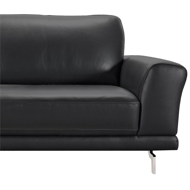 Armen Living Everly Modern Leather Sofa in Black and Brushed Silver