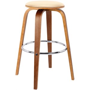 Armen Living Harbor 25&quot Faux Leather & Wood Swivel Counter Stool in Cream/Walnut