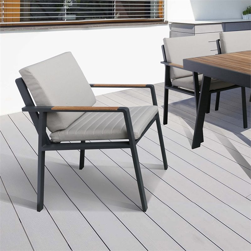 Armen Living Nofi Fabric & Metal Patio Dining Chair in Taupe/Charcoal (Set of 2)