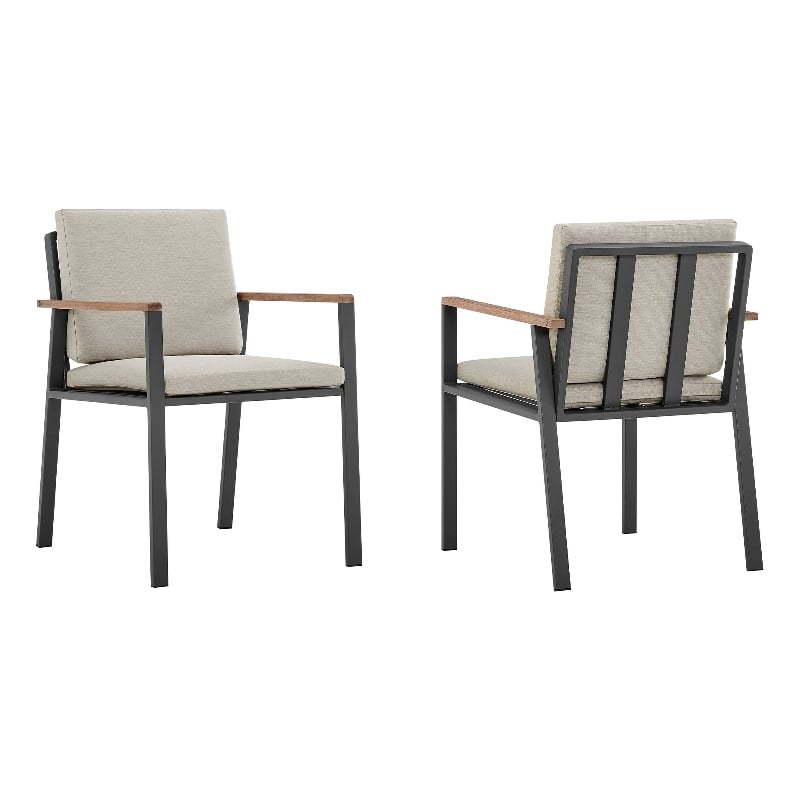 Armen Living Nofi Fabric & Metal Patio Dining Chair in Taupe/Charcoal (Set of 2)
