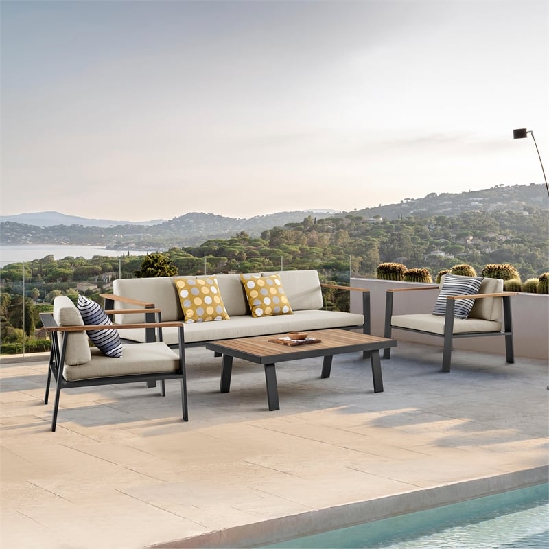 Armen Living Nofi 4-Piece Modern Wood Patio Sofa Set in Gray/Brown/Charcoal