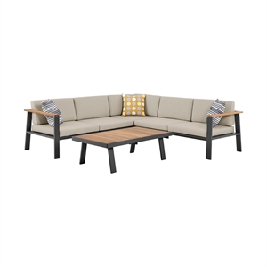 Armen Living Nofi 4-Piece Wood Patio Sectional Set in Gray/Brown/Charcoal