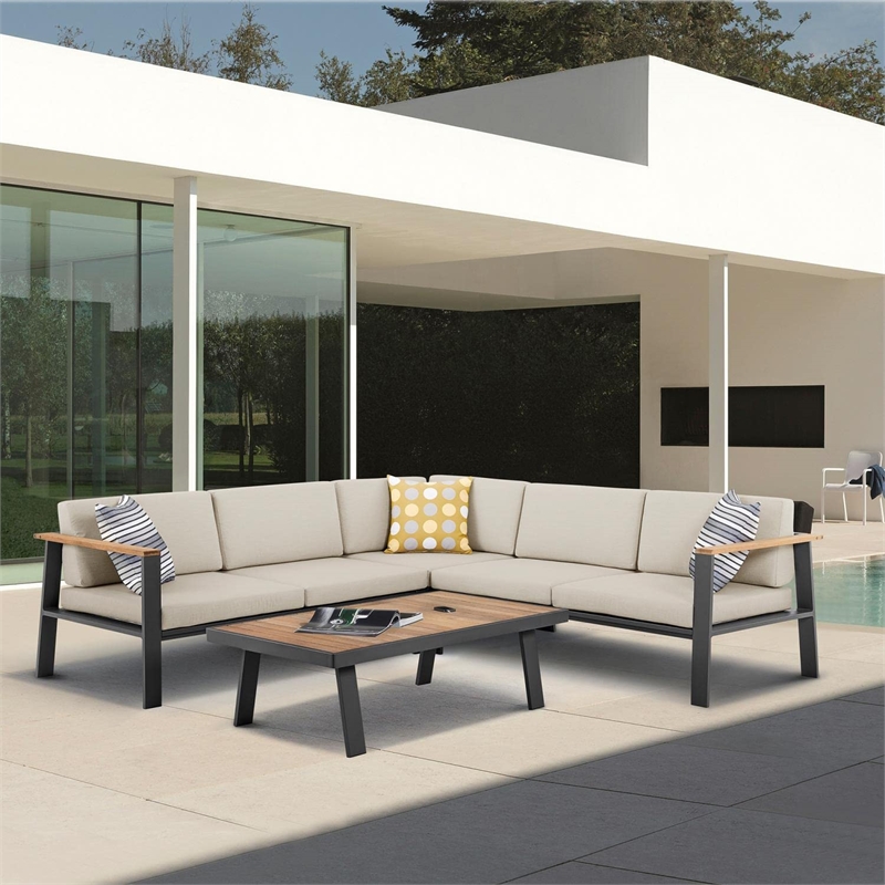 Armen Living Nofi 4-Piece Wood Patio Sectional Set in Gray/Brown/Charcoal