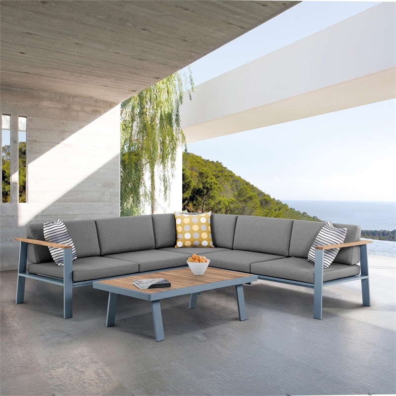 Armen Living Nofi 4-Piece Wood Patio Sectional Set in Gray/Brown/Taupe